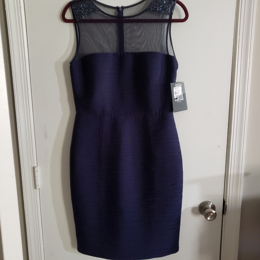 Navy Blue Beaded Sheer Sleeveless Cocktail Dress